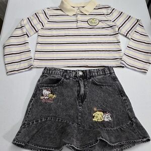 H&M Girls Sanrio Hello Kitty Pompompurin Denim Skirt & Polo Outfit Size 8-10